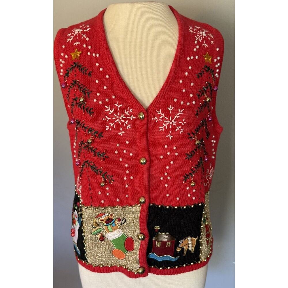 VTG Lisa International Sz PM Ugly Christmas Sweater Vest‎ Real Jingle Bells Snow